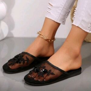 Black Beaded Women's Slides